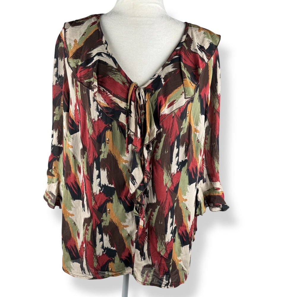 Womens Ruffle Plus Size Top Size 18 20 Boho Abstract Ruffle Earthy Chiffon Retro